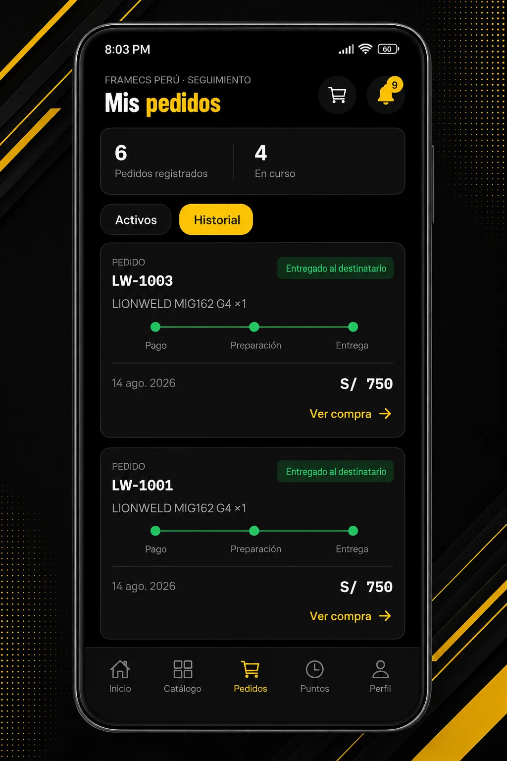 Historial de pedidos en la app LION WELD