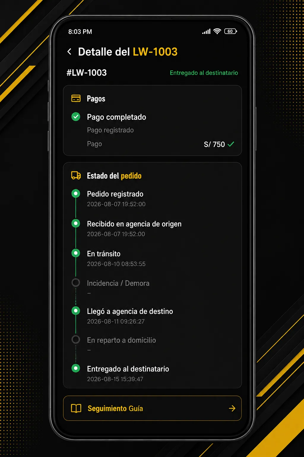 Seguimiento de pedido en la app LION WELD